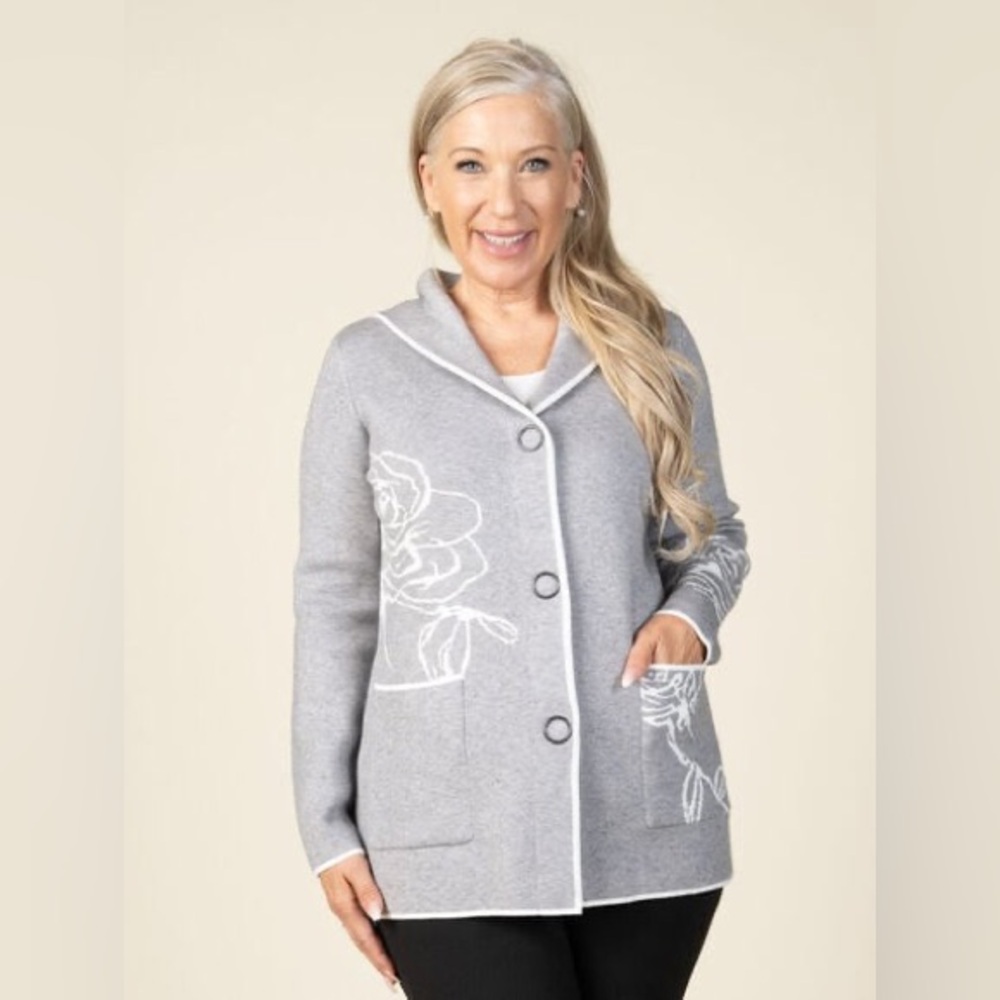 🌙 RACK Frilli Exchange Gray Floral-Accent Button Cardigan Sweater - Women